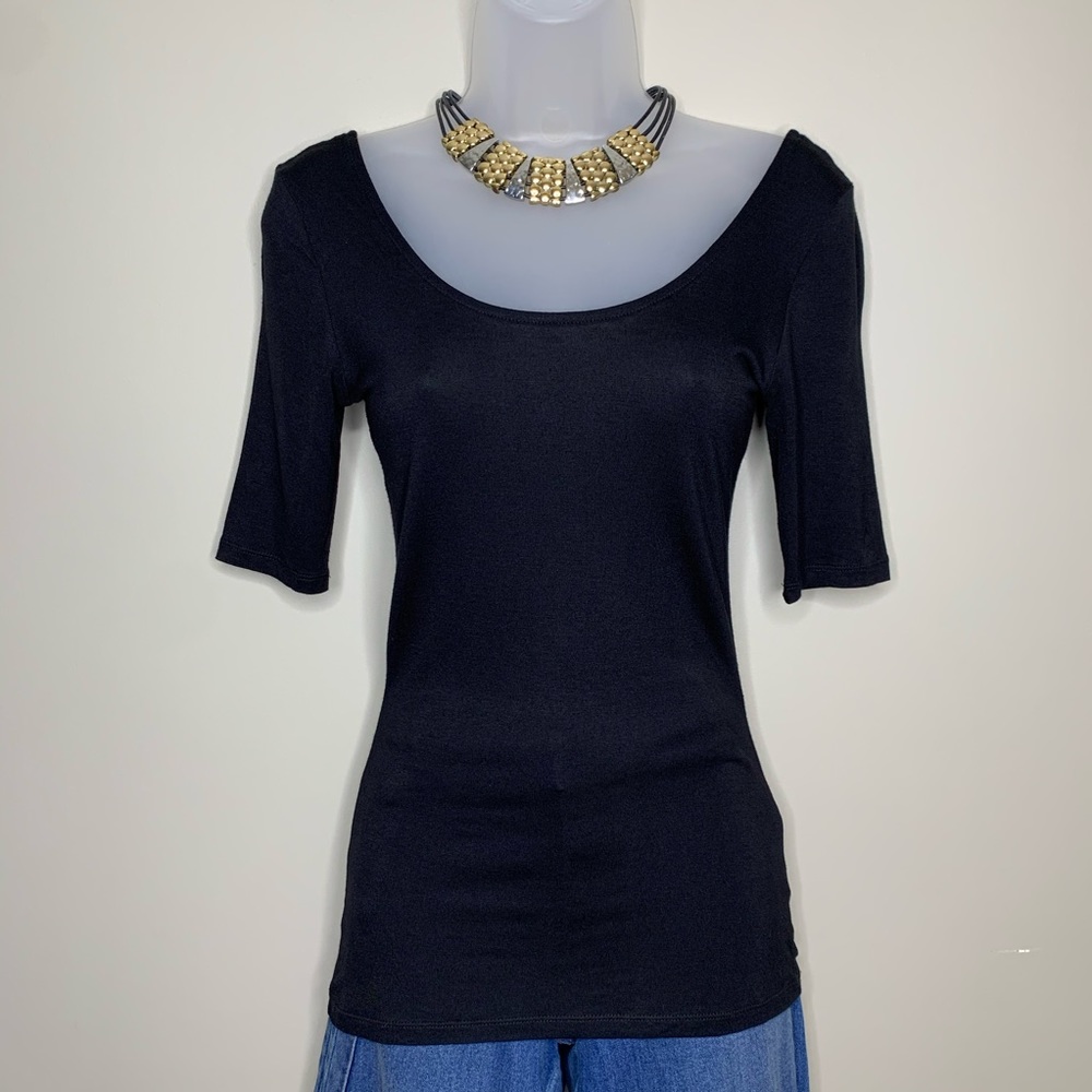 Black Scoop Neck Front & Back Fitted Top Short Sleeve Semi Sheer Stretchy S